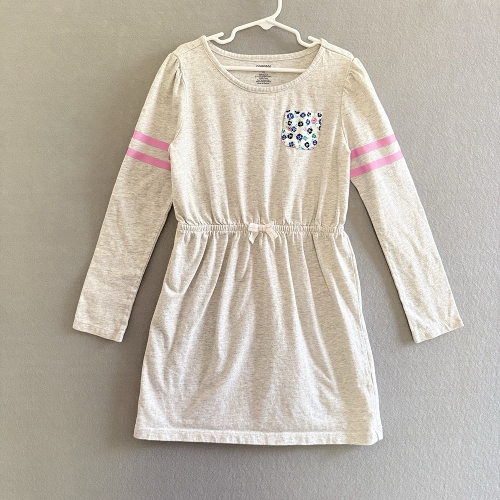 Gymboree Girls Tunic Dress Heather Grey, Pink Stripe Sleeve & Floral Pocket 10